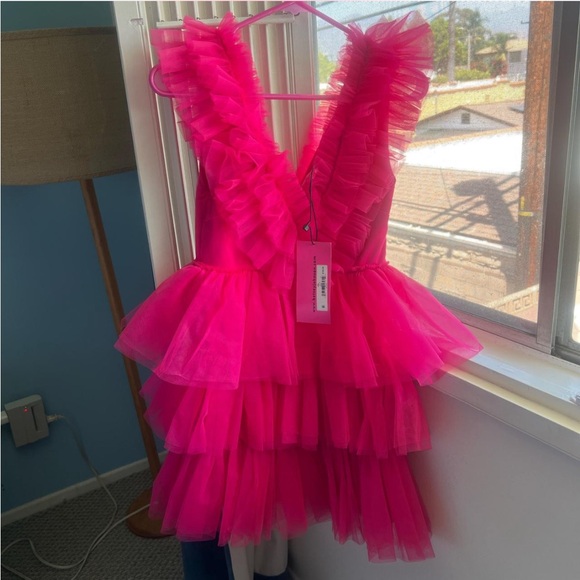 BETSEYS TIERED TULLE DRESS HOT PINK - Picture 3 of 7